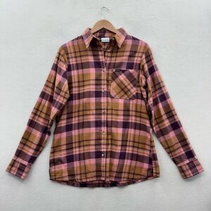 Columbia Women’s Large Calico Basin Flannel Purple Pink Plaid Button Up Shirt